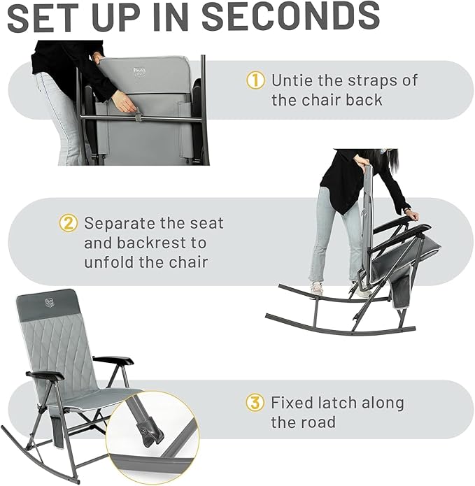 Timber Ridge 3-Level Adjustable Rocking Camping Chair, Ergonomic Padded High Back, Supports 300 LBS, Stable Anti-Tip Rocker, Hard Armrests for Easy Standing, Portable for Patio, Lawn & Tailgating
