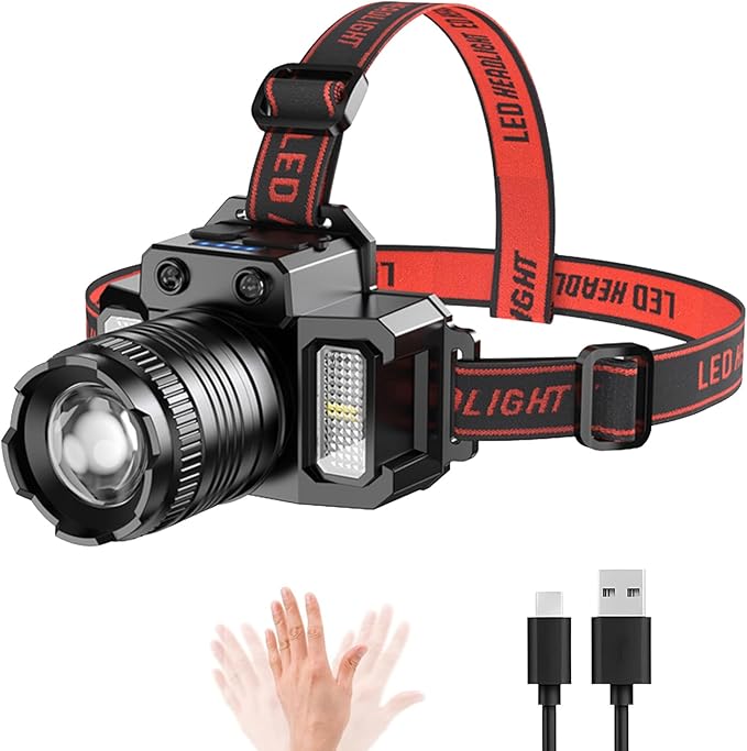 Headlamp Rechargeable Head Lamp LED, Super Bright Motion Sensor Head Light with Red/White/Blue Light, Waterproof Adults Forehead Flashlight Headlight for Camping, Running, Hiking, Fishing