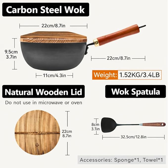WANGYUANJI Carbon Steel Wok with Lid, 8.7" Small Mini Wok Pan, Thickened Heavy Duty Flat Bottom for Deep Frying, Camping & Solo Meals, Induction Ready, Seasoning Required