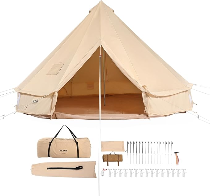VEVOR Canvas Tent Bell, Yurt 4 Seasons for Camping with Stove Jack, Breathable Holds up to 4 People, Family Camping Outdoor Hunting Party