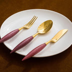 84 Piece Gold Silverware Set Stainless Steel Violet Wood Handle Flatware Set for 12，Kitchen Utensil Tableware Sets Forks Spoons and Knives Set for Home/Camping/Travel,Mirror Finish