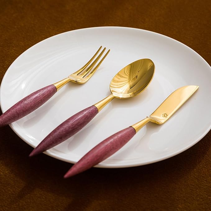 28 Piece Gold Silverware Set Stainless Steel Violet Wood Handle Flatware Set for 4，Kitchen Utensil Tableware Sets Forks Spoons and Knives Set for Home/Camping/Travel,Mirror Finish