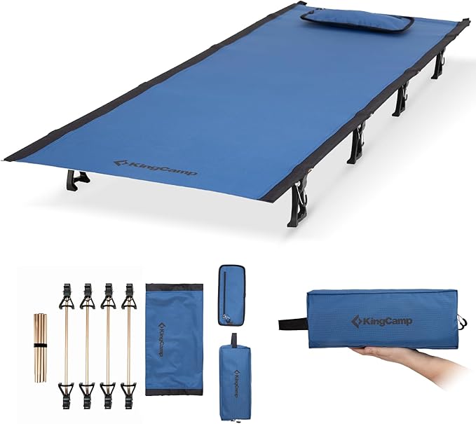 KingCamp Ultralight Camping Cot, Portable Folding Tent Camping Cot, 265 Lbs Heavy Duty Sleeping Cot with Pillow for Adults Outdoor Backpacking Travel Hiking, Blue/Black