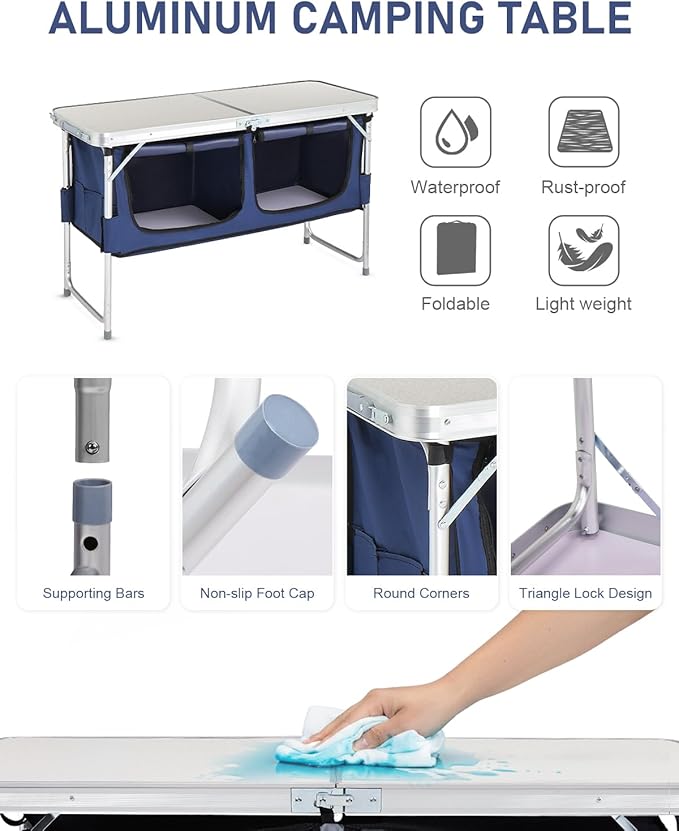 Outvita Folding Table, 4FT Aluminum Camping Table with Large Storage Space and Adjustable Height Picnic Table Lightweight for Carring Outdoor Party Events Beach