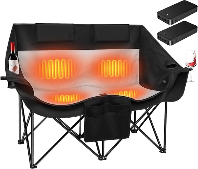 Heated Double Camping Chair with 2 20000mAh Battery Pack, 2 Control Switches 2-Person Loveseat, 550 lbs for Outdoor Sports, Picnics, Rugby Match, Lawn. Make Your Autumn and Winter Warmer