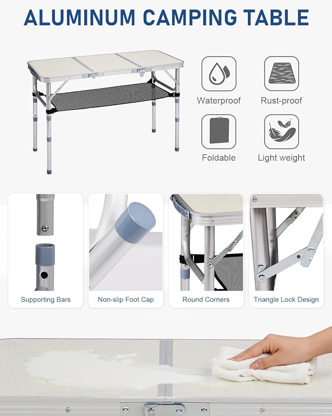 Outvita Folding Table, 3FT Aluminum Camping Table with Storage Adjustable Height Picnic Table Lightweight for Carring Outdoor Party Events Beach