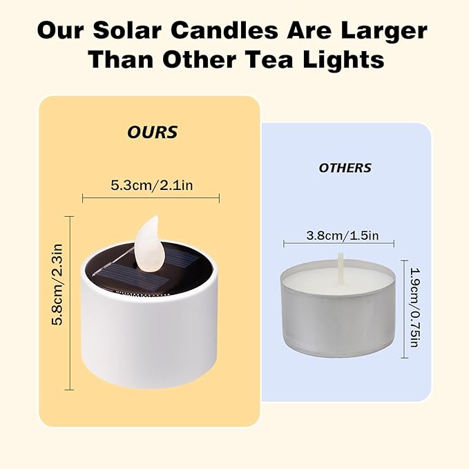 Solar Tea Lights Outdoor - 6 Pack Waterproof Rechargeable Dusk to Dawn Outdoor Lighting Flameless Flicker Reusable LED Solar Candles for Lanterns Camping Garden Home Decorations, 2.3''x2.1''