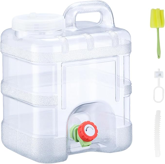 2.6 Gallon Water Jug, 10L Portable Water Container with Spigot, Cleaning Brush, Detachable Hose, BPA-Free Camping Hydration Canteen, Outdoor Tank Storage PC- Clear