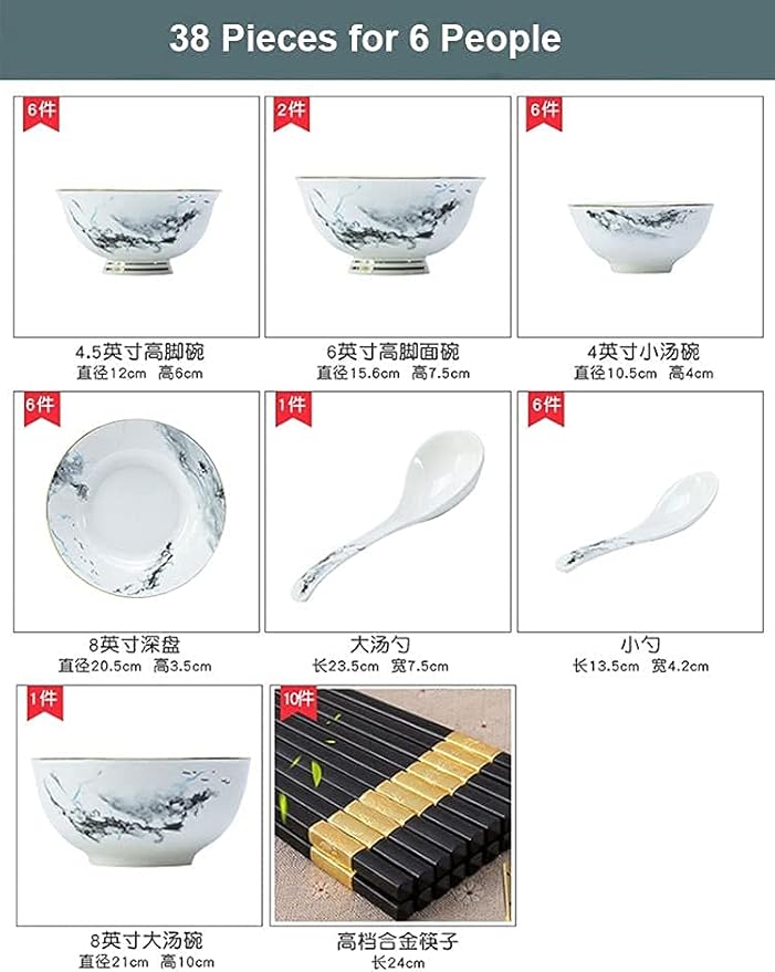 38/70 Pieces Chinese Tableware Set Ceramic Marble Effect Tableware Gift Service for 6-10 People (38pieces)