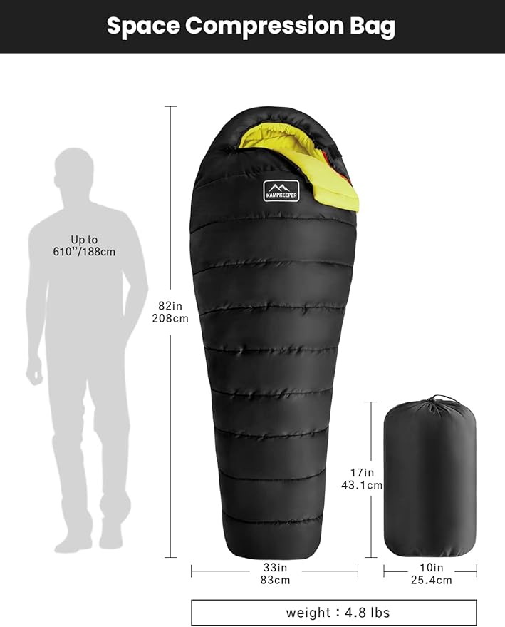 KAMPKEEPER Mummy Sleeping Bag, Cold Weather Camping Sleeping Bag, 32℉ 3-4 Seasons Adults Sleeping Bag, Non-Snag Zipper with Adjustable Hood for Backpacking, Hiking