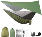 Camping Hammock with Rain Fly Tarp and Mosquito Net Tent Tree Straps, Portable Single Double Nylon Parachute Hammock Rainfly Set for Backpacking Hiking Travel Yard Outdoor Activities Green