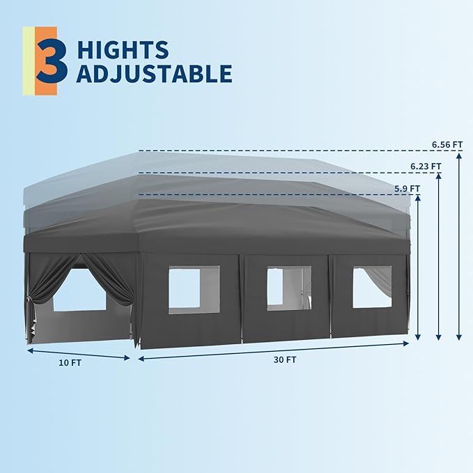 10x30 Pop Up Canopy with 8 SideWalls - Heavy Duty Outdoor Canopy Tent with Portable Roller Bag - 3 Adjustable Height, 4 Weight Bags, 8 Stakes & 6 Guy Ropes Included-Grey
