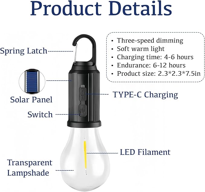 Solar Camping Lights Outdoor Waterproof - 3 Mode Portable LED Lantern with Solar/USB Charging, Hanging Hook for Camping, Hiking, Emergency, Backpacking, Tents (Flat Bottom)