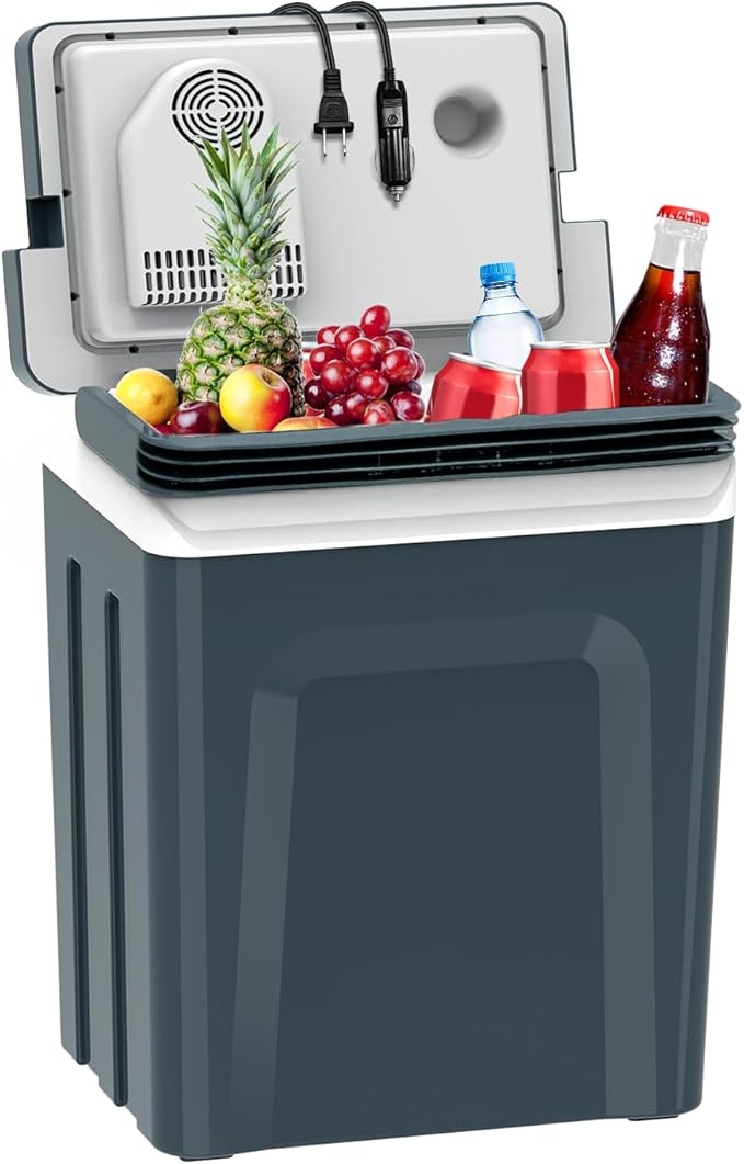 SubSun Electric Cooler and Warmer with Handle，27 Quart (25 L) Portable Thermoelectric Fridge， Car Fridge Cooler with 12V DC & 110 AC for Camping, Travel & Picnics,Grey