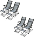 GYMAX Patio Chairs with Ottomans, Outdoor Recliner Set of 2 with 7-Level Backrest, Armrest, Detachable Headrest & Back Pocket, Padded Folding Camping Lounger for Lawn Balcony Backyard (4)