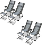 GYMAX Patio Chairs with Ottomans, Outdoor Recliner Set of 2 with 7-Level Backrest, Armrest, Detachable Headrest & Back Pocket, Padded Folding Camping Lounger for Lawn Balcony Backyard (4)