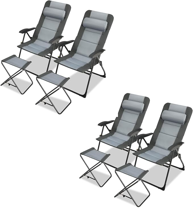 GYMAX Patio Chairs with Ottomans, Outdoor Recliner Set of 2 with 7-Level Backrest, Armrest, Detachable Headrest & Back Pocket, Padded Folding Camping Lounger for Lawn Balcony Backyard (4)
