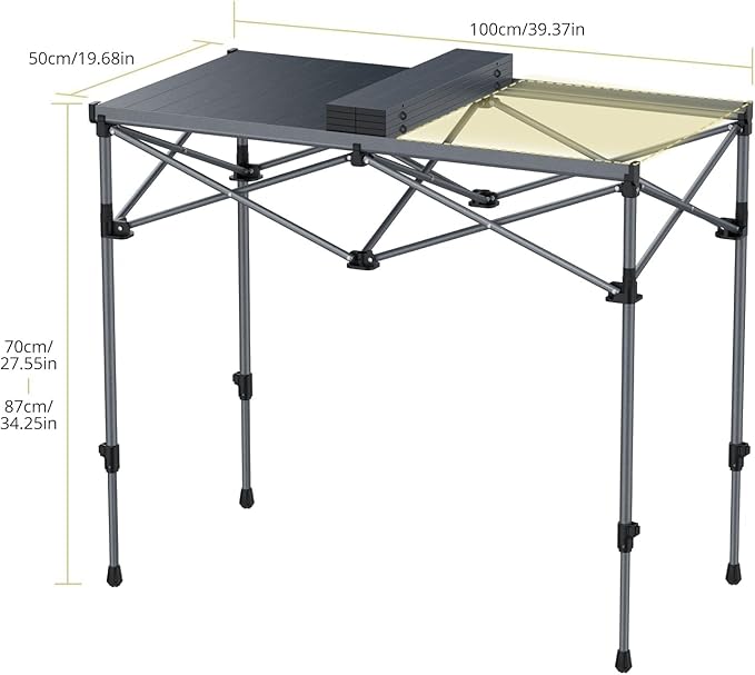 Anbte Camping Table Foldable, 2 Adjustable Height 34.2”, Large Roll Up Camping Table Support 264lbs with Storage Basket and Bag, Aluminum Outdoor Table, for Picnic Travel BBQ, 39.4” x 19.7”, Black