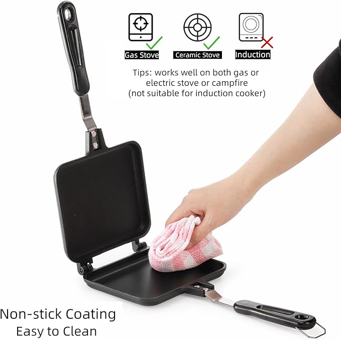 Hot Sandwich Maker, Grilled Sandwich Toaster for Small Bread Pancake, Double Sided Non-Stick Frying Pan, Stovetop Sandwich Grill Press Flip Pan for Camping Kitchen (Inside 5.4" L x 4.7" W)