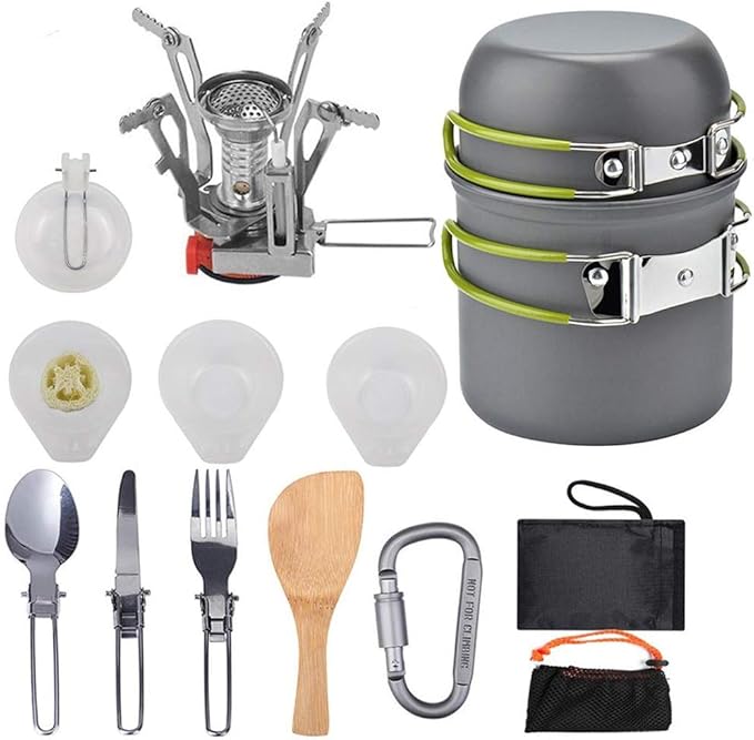 Outdoor Camping Hiking Cookware Tableware Picnic Pot Fork Spoon Table Knife Fork Stove Kit Camping Picnic Tools