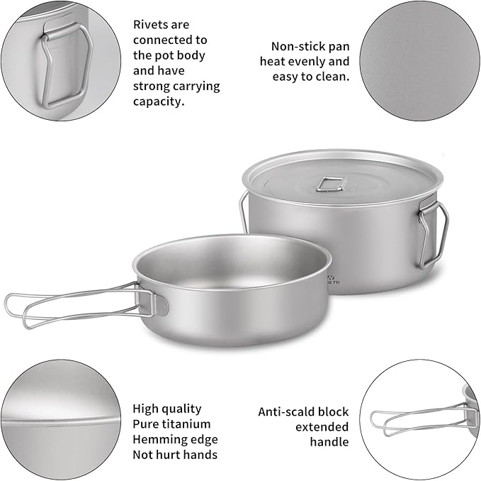 ZING TII Titanium Camping cookware Set, Camping Essentials，Camping Pot，Camping Gear，Camping pots and Pans Set with Pots, Cups，Pans，Tableware.