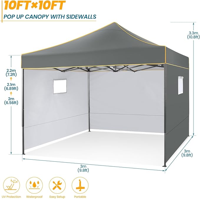COBIZI 10x10 Heavy Duty Pop Up Canopy Tent for Event Commercial Instant Canopy with 4 Sidewalls, Outdoor Canopy Waterproof Portable Vendor Tent for Parties, Backyard, Camping, UV 50+, Light Gray