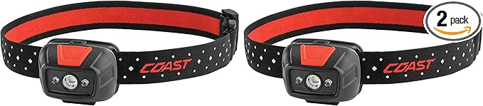 Coast® FL19 365 Lumen Dual Color (White & Red) LED Headlamp, Batteries & Hard Hat Clips Included, Black (Pack of 2)