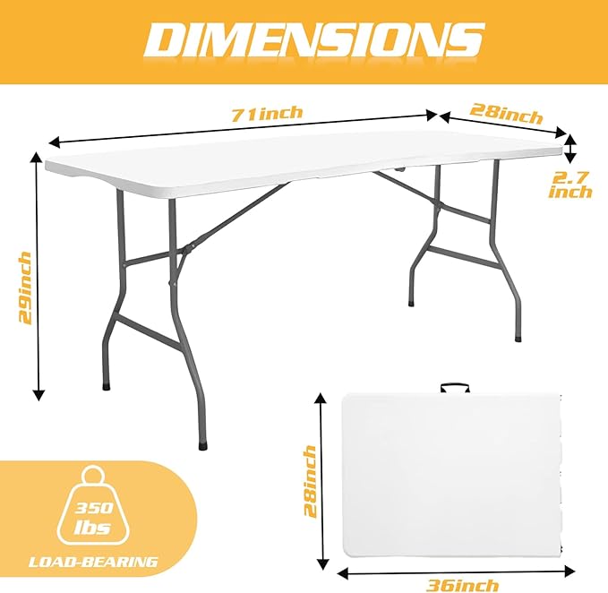 Camp Field 6ft Heavy Duty Portable Table, Folding Table for Indoor & Outdoor Picnic & Card Table for Picnic, Party, Camping. (White, 6FT)