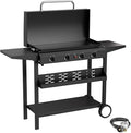 4 Burner BBQ Gas Griddle with Hood, 30 Inch Stainless Steel Portable Detachable Propane Griddle, 60,000 BTU Flat Top Grill with Side Shelves for Camping, Black