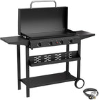 4 Burner BBQ Gas Griddle with Hood, 30 Inch Stainless Steel Portable Detachable Propane Griddle, 60,000 BTU Flat Top Grill with Side Shelves for Camping, Black