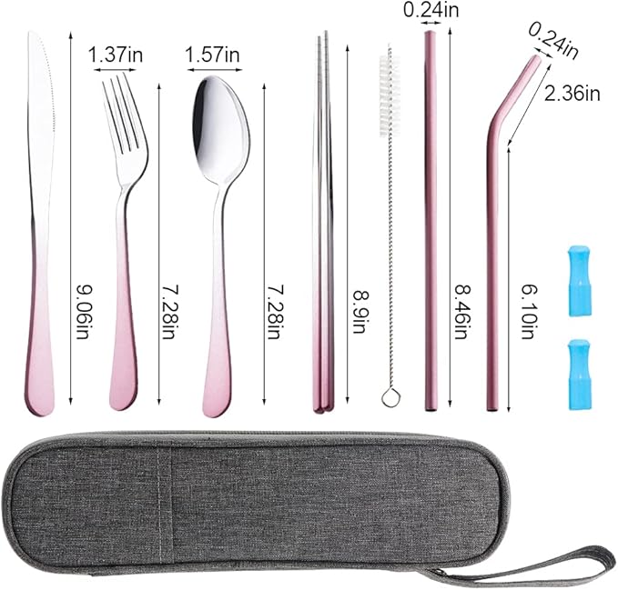 Travel Utensils Set with Case Reusable Portable Cutlery Set Stainless Steel 8pcs Including Dinner Knife Fork Spoon Chopsticks straws(Gradient Pink)