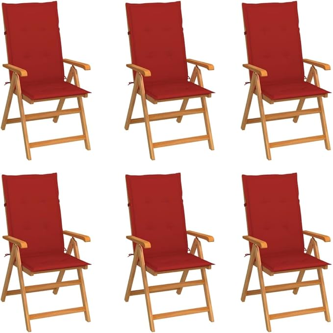 Patio Chairs 6 pcs,Outdoor Folding Chair,Lounge Chair,Portable Camping Chair,Tanning Chairs for Outside,Garden Chair,for Outdoor Patio, Campsite, or Yard, with Red Cushions Solid Teak Wood