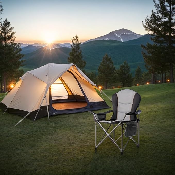 Large Camping Chair with Side Table Heavy Duty 500LBS - Folding Outdoor Chair with Cooler Bag (Black & Light Gray, 1 PCS)
