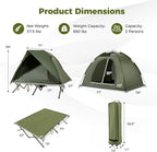 GYMAX 2-Person Tent Cot, 3 in 1 Folding Off-Ground Cot Bed Combo with Portable Wheeled Bag, Waterproof Rainfly, 2 Mesh Doors & Skylight Roof for Hiking, Backpacking, Outdoor