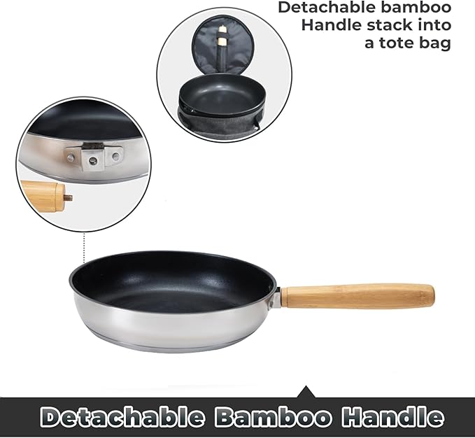 KingCamp 8" Frying Pan Skillet 304 Stainless Steel Nonstick Cookware, Detachable Bamboo Handle with Tote Bag - Use On Open Flame, Charcoal, Wood, Stove or Induction Cooker