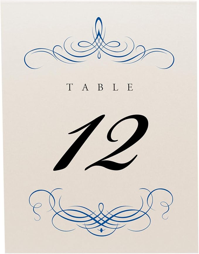 Decadent Flourish Wedding Table Numbers (Select Color/Quantity), Champagne, Royal Blue, 1-110, Double Sided, Tent or Use in a Stand, Great for Parties & Restaurants
