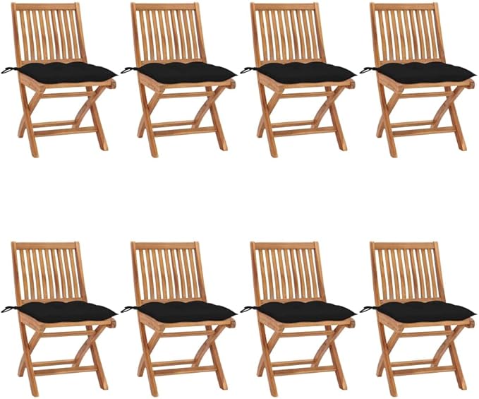 Folding Patio Chairs with Cushions 8 pcs,Portable Camping Chair,Outdoor Lounge Chair,Bistro Table and Chairs outdoor,Garden Chair,Outdoor Dining Chairs,Features 2 Sets of Ropes, Solid Teak Wood