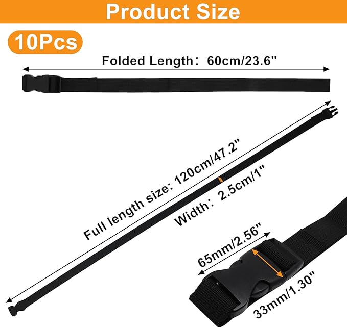 10Pcs Tie Down Straps Black Adjustable Nylon Strap with Buckles 1" x 47" (3.9ft) Straps with Quick Release, Lashing Strap for Backpacking, Outdoor Activities