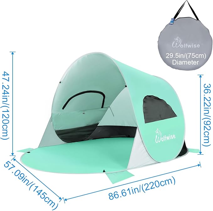 Wolfwise Pop up Beach Tent Sun Shelter with UPF50+ UV Protection, Instant Easy Setup Popup Beach Shade Canopy for 3 Person, Portable & Foldable with Carring Bag, 87 ×57×47 in, Mint Green