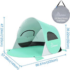 Wolfwise Pop up Beach Tent Sun Shelter with UPF50+ UV Protection, Instant Easy Setup Popup Beach Shade Canopy for 3 Person, Portable & Foldable with Carring Bag, 87 ×57×47 in, Mint Green