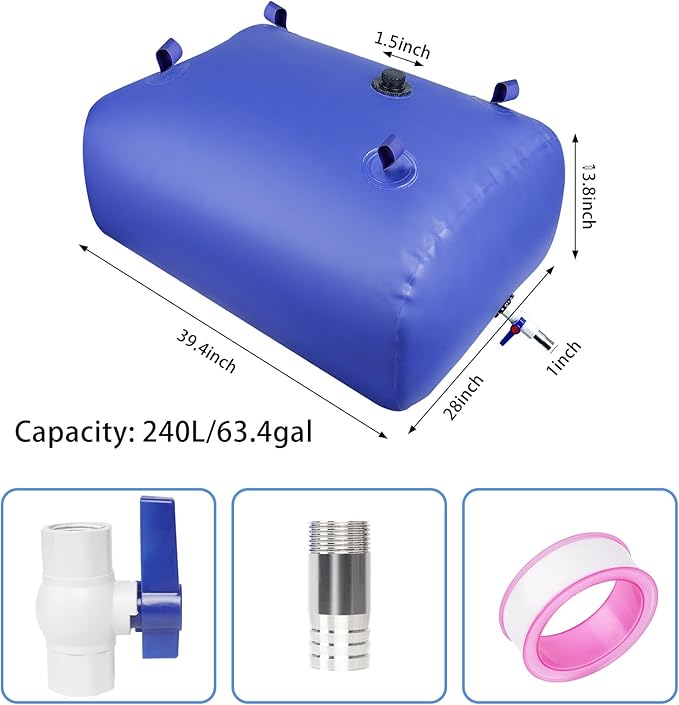 Water Storage Bladder Portable - Collapsible Water Tank 63.4Gal/240L with Stainless Steel Fittings, Leak-Proof & Durable Cistern – Portable Water Bladder for Emergency, Farming Irrigation Use