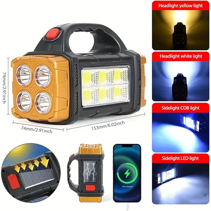 High Lumens Solar Flashlight - LED Work Light with USB-C Rechargeable, Waterproof, Multi-Function Flashlight & Lantern for Camping, Emergencies, and Outdoor