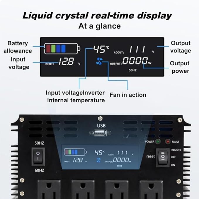 5000 Watt Pure Sine Wave Power Inverter, 12V DC to 110V/120V AC Converter 10000W Peak, with Remote Control LCD, 4 AC Outlets & USB Port & Hardwire Terminal, for Truck RV Boat Camping Solar System EPS