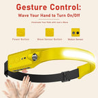 Rechargeable LED Headlamp, 400 Lumens, 230° Wide Beam, USB-C, 5 Modes — Lightweight, Adjustable Headband; Hard Hat Clips for Camping, Hiking, Running, Repairs & Gift (1, Yellow)