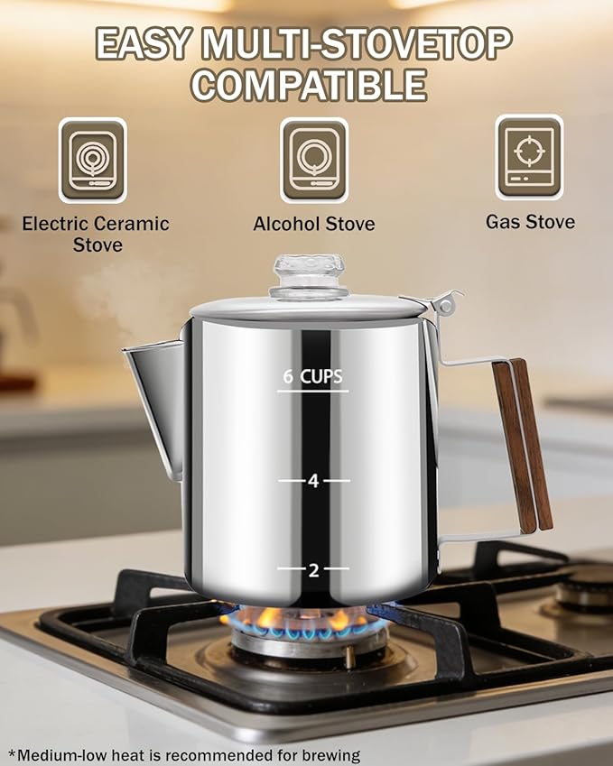 Coffee Maker Coffee Percolator 304 Stainless Steel Pot Stovetop Easy Brewing Even Heating 6 Cup 33.8oz 1000ml Silver Classic Design Heat Resistant Home Camping Outdoor