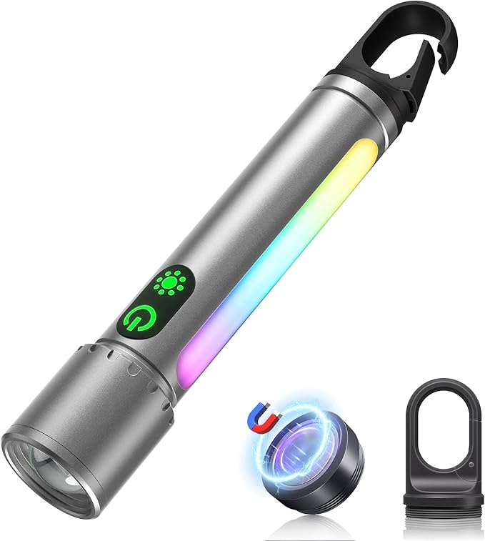 Magnetic Flashlight Rechargeable,2000LM 5000mAh Flashlights High Lumens with 18 Modes,Waterproof, Adjustable,Powerful Flash Light,Multi-Flashlights for Home,Car,Hiking,Camping (1, Silver)