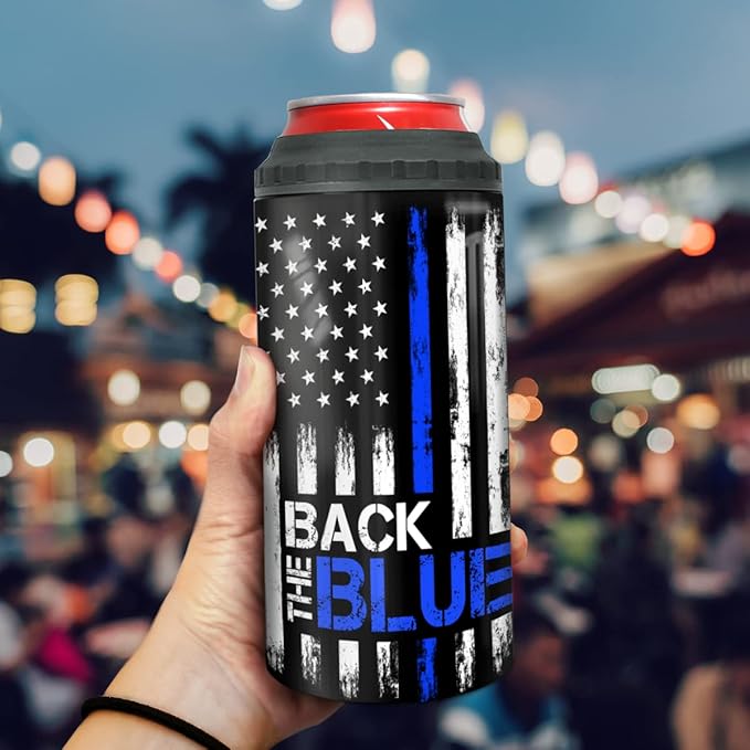 winorax Police Gifts Back The Blue American Flag Tumbler 4-in-1 Can Cooler Stainless Steel 12oz Travel Mug Coffee Cups US Flag Police Academy Graduation Gifts for Men Cops Officer Retirement