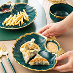 Tableware Set,Green Gold Rim Ceramic Dinner Plate Shell Breakfast Snack Dumpling Dishes Food Salad Noodle Bowl Soup Chopsticks Tableware Set