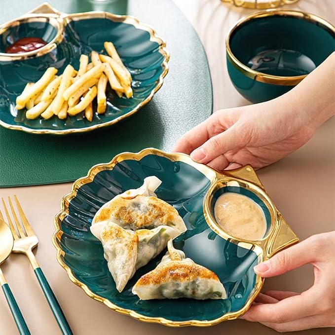 Tableware Set,Green Gold Rim Ceramic Dinner Plate Shell Breakfast Snack Dumpling Dishes Food Salad Noodle Bowl Soup Chopsticks Tableware Set