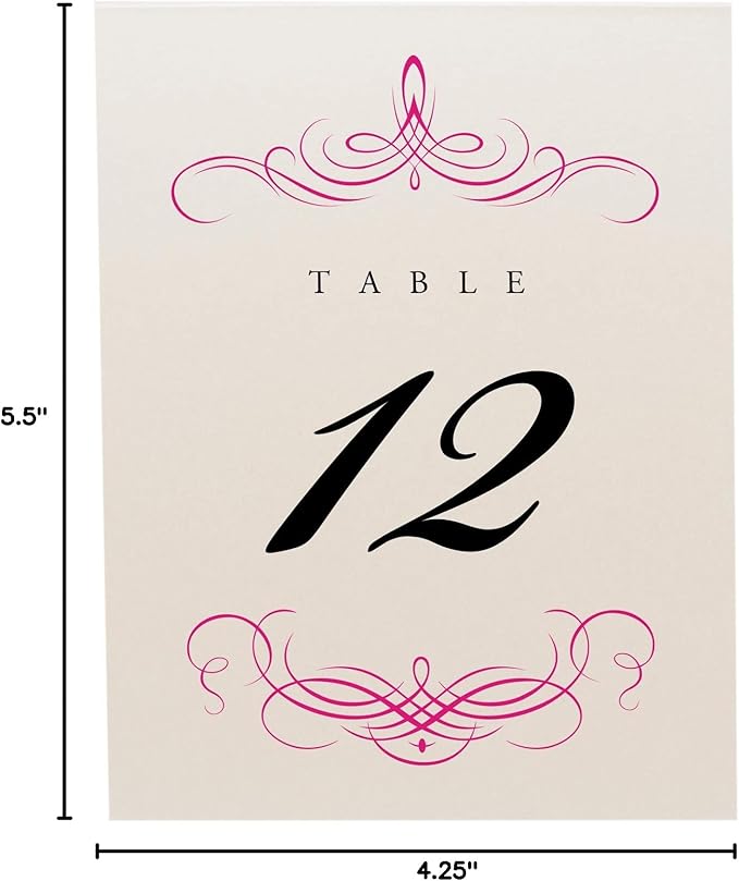 Decadent Flourish Wedding Table Numbers (Select Color/Quantity), Champagne, Fuschia, 1-80, Double Sided, Tent or Use in a Stand, Great for Parties & Restaurants - Made in the USA